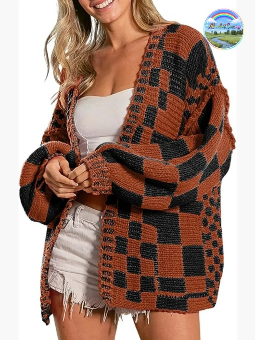 Vintage Open Front Chunky Knit Plaid Long Sleeve Cardigan - Picture 1 of 1